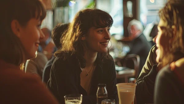 Woman sitting in a cafe enjoying the company of friends.