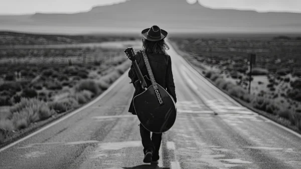 John Lennon with a guitar over his shoulder walking down a deserted road.