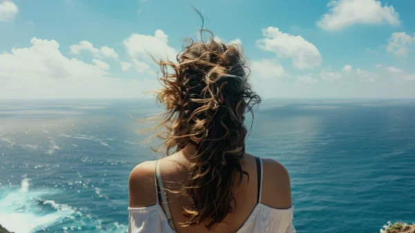 An introverted woman on her own gazing out to sea.