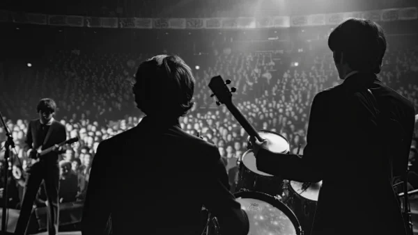 The Beatles performing live on stage in 1964