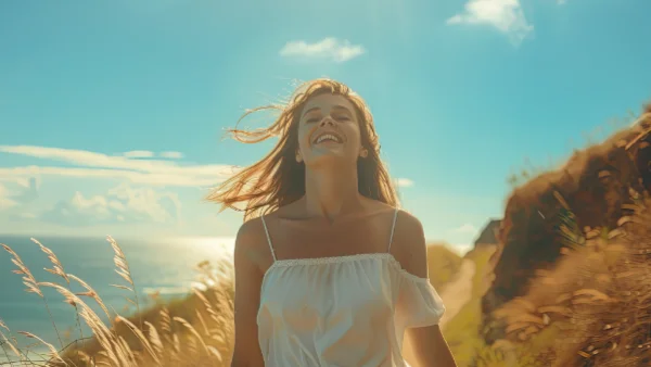 Woman having a great day walking along a cliff top by the sea