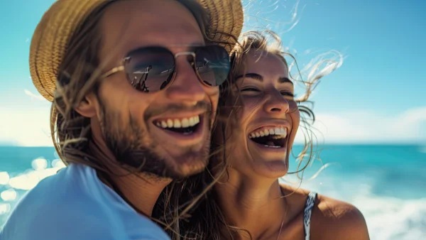 A very happy couple laughing together at the beach