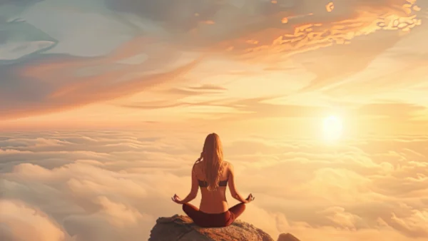 Woman meditating on top of a mountain