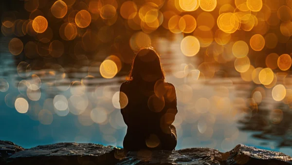 Woman sitting by a lake thinking about life