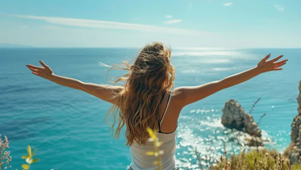 Woman with outstretched arms facing out to sea on a beautiful sunny day