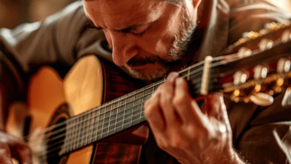 Classical guitarist playing his guitar with intense passion