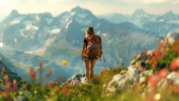 Hiker admiring the uplifting view from a mountain top